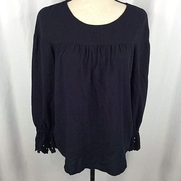 Ann Taylor LOFT Blouse Womens Size Small Ruffle Eyelet Cuff Embroidered Striped - Picture 1 of 8